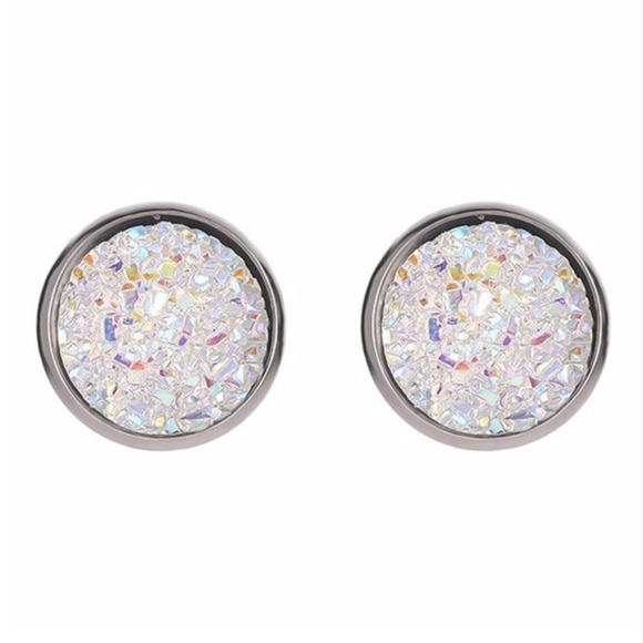 Jewelry - Druzy Opal White Crystal Round Silver Studs